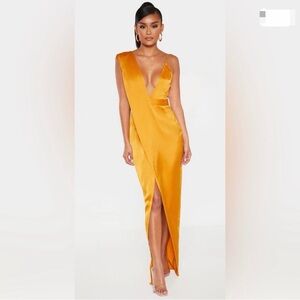 PrettyLittleThing Mustard Satin Wedding Gown